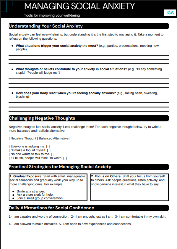 Managing Social Anxiety worksheet